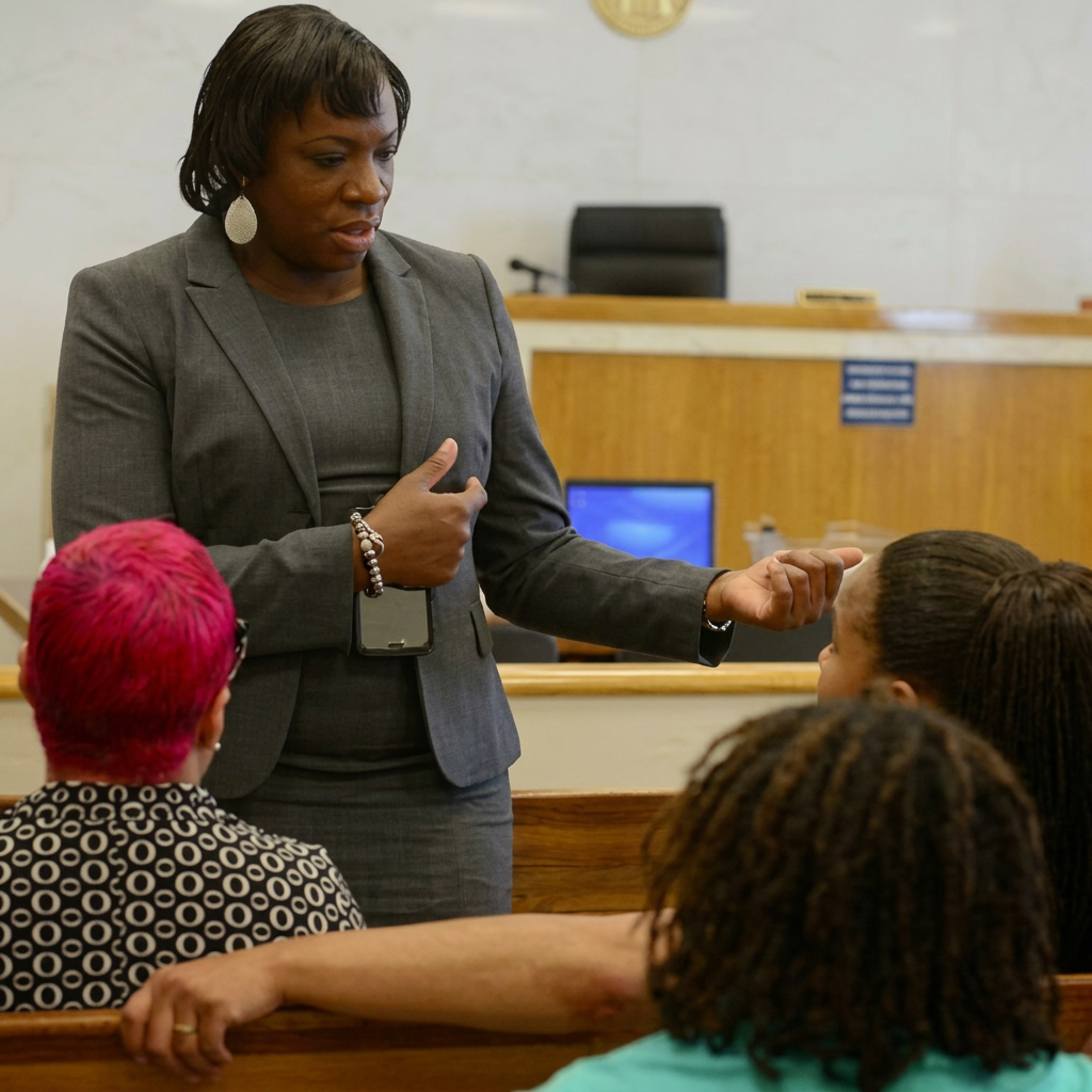 Attorney Adrienne D. Edward consulting with clients in court