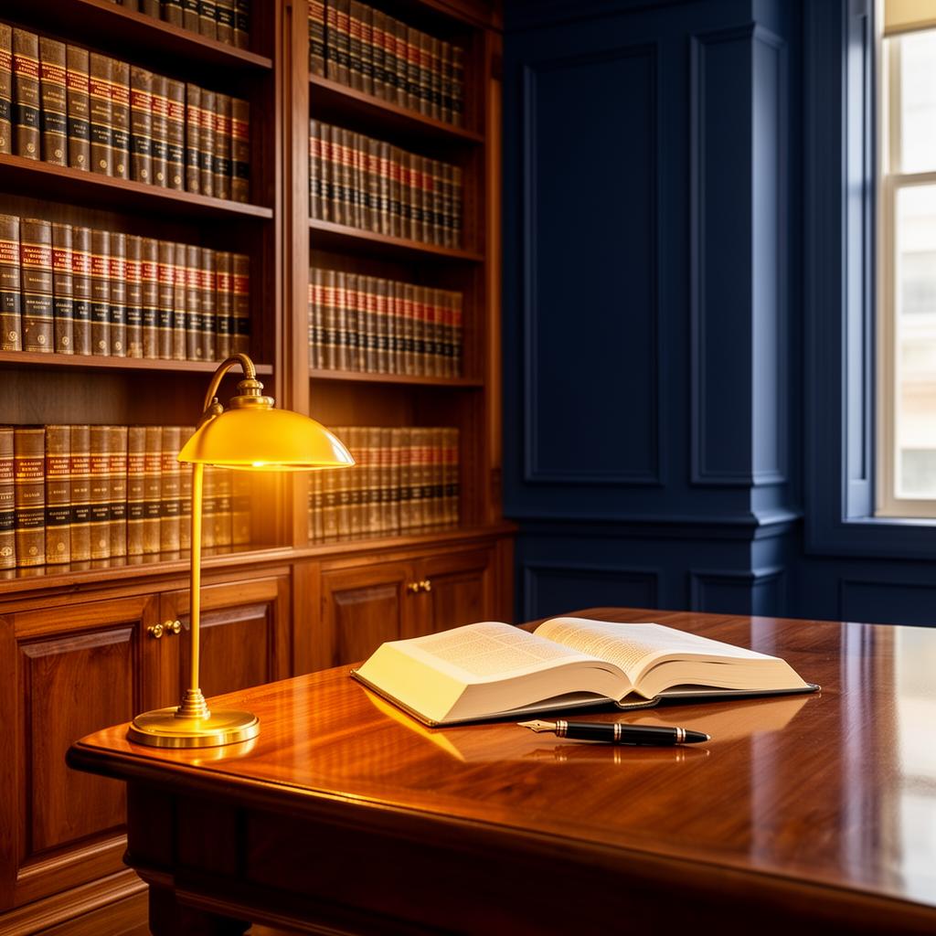 Law firm library with leather-bound legal volumes