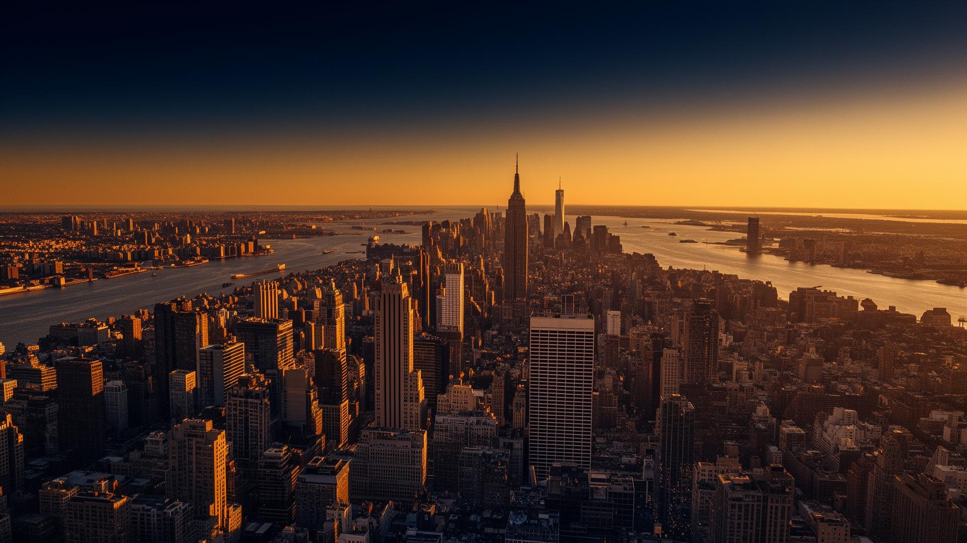 New York and New Jersey metro skyline at golden hour